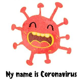 Cartoon drawing of a red, personified corona virus
